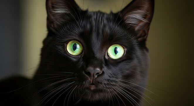Stunning close up portrait of a black cat with vibrant green eyes. - Powered by Adobe