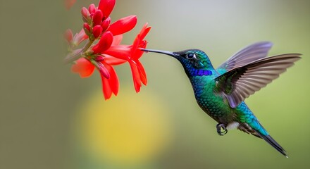 Obraz premium Vibrant digital illustration of a hummingbird with iridescent green and blue feathers feeding on a red flower