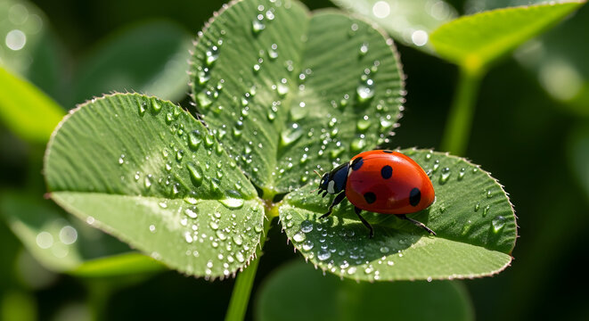 A vibrant red ladybug with black spots rests on a dew-kissed green clover leaf, showcasing the beauty of nature