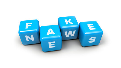 Obraz premium Blue cubes on a white background. Text. Message. Fake news. 3D rendering. Illustration.