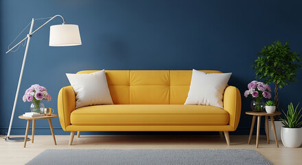 Bright and cozy living room interior with a yellow sofa, white pillows, a floor lamp, and plants against a dark blue wall, creating a modern and inviting space for relaxation and comfort