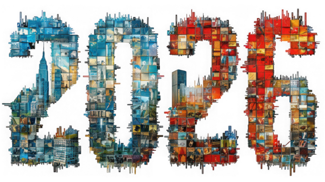 The year 2026 depicted as a cityscape with buildings forming the numbers, isolated on transparent background