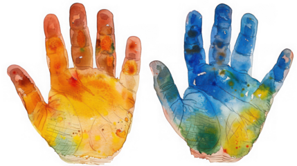 Two colorful handprints, one orange and yellow, the other blue and green, isolated on transparent background