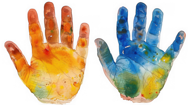 Two colorful handprints, one orange and yellow, the other blue and green, isolated on transparent background - Powered by Adobe