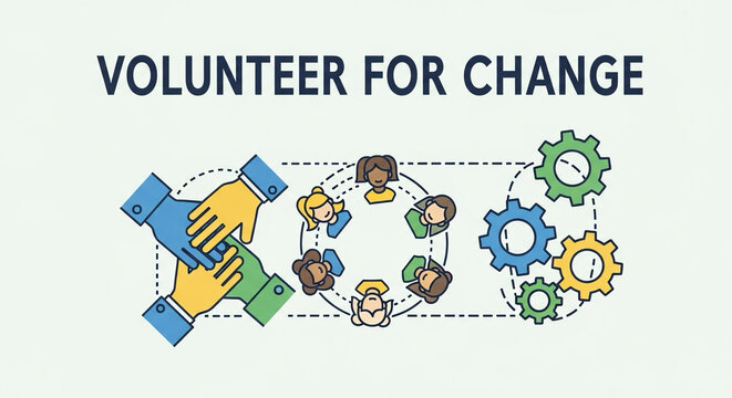 Poster-style flat design with slogan “Volunteer for Change” and teamwork icons - Powered by Adobe