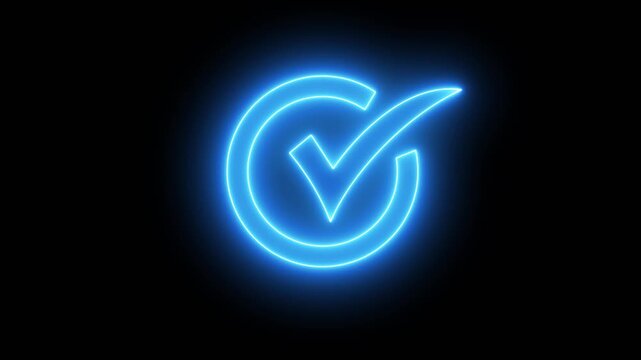Animation of check mark icon background. Neon Tick mark icon seamless loop.Glowing neon line Tick mark or confirm icon animation.Minimal neon Check Mark icon on black background. 4k video
