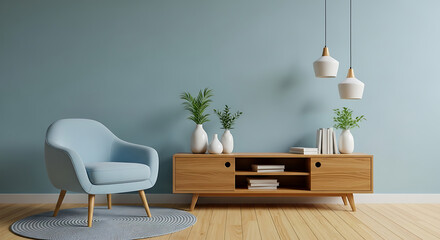 Stylish living room interior showcasing a light blue armchair, a wooden tv stand with decorative vases and books, and pendant lights, all against a blue wall, creating a cozy and aesthetically pleasin
