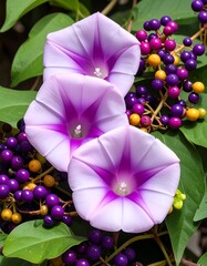 Three purple-white morning glories surrounded by colorful berries