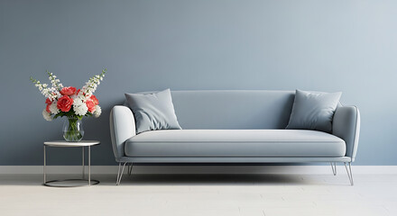 Modern living room interior with a comfortable light blue sofa, a side table with a vase of flowers, and a minimalist design against a blue wall, creating a serene and stylish home decor scene