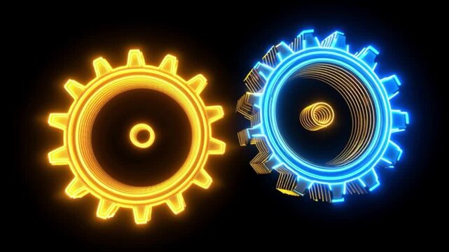 Glowing neon mechanical gears rotating together in vibrant yellow and blue light, futuristic engineering concept with illuminated cogwheel design on dark background, technology motion graphic element 