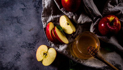Apple and Honey Flatlay with Wooden Dipstick. Rosh Hashanah Jewish Fest. Generated Image