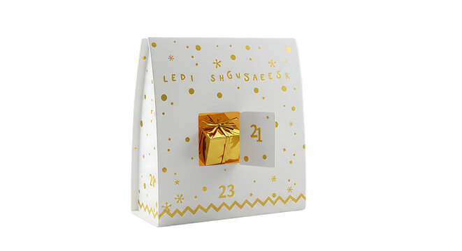 Christmas Advent Calendar with Open Door Showing Golden Gift Box and Festive Decor on Transparent Background
