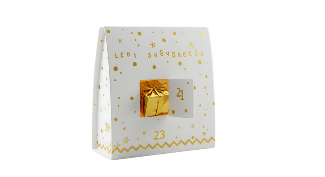 Christmas Advent Calendar with Open Door Showing Golden Gift Box and Festive Decor on Transparent Background
