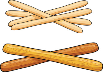 Crossed breadsticks with texture contrast, light and dark snack sticks, food comparison clipart, vector illustration, isolated, cad drawing flat vector illustration