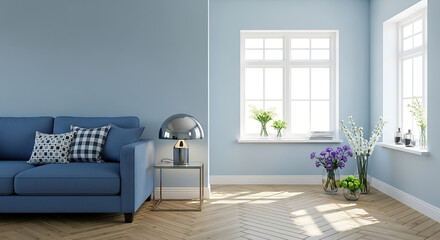 A bright and airy living room with blue walls, a comfortable blue sofa with decorative pillows, and a modern lamp on a side table, creating a cozy and inviting atmosphere with natural light streaming 