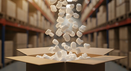 White styrofoam packages fall into open cardboard shipping boxes inside a large, well-stocked warehouse.