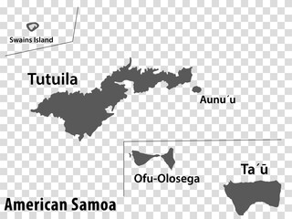Blank map American Samoa in gray. Every Island map is with titles. High quality map of  American Samoa on transparent background for your  design.     Oceania . EPS10.