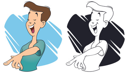 Laughing man pointing fingers.