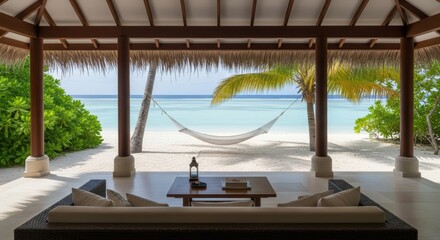 luxury beachfront resort patio with hammock and ocean vista