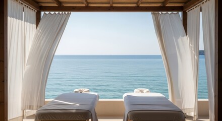 Obraz na płótnie Canvas outdoor spa massage beds with sea view and sheer white curtains