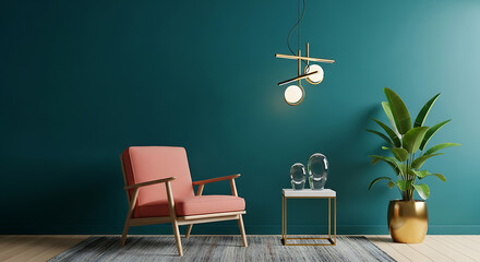 Elegant living room interior with teal wall, salmon armchair, gold accents, and lush plant creating a sophisticated and inviting atmosphere for relaxation and contemplation in a stylish home decor set