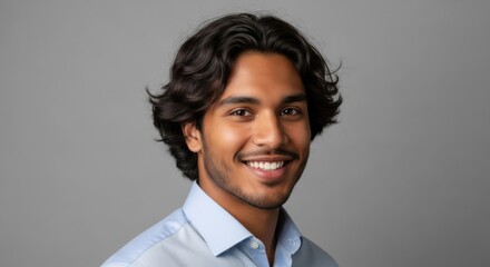 Portrait of a smiling young man with dark wavy hair and a light blue shirt against a grey background