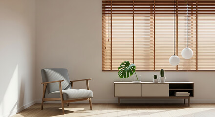 Minimalist living room interior design with wooden armchair, cabinet, monstera plant, and window with blinds creating a cozy and inviting atmosphere for relaxation and contemplation in a bright space