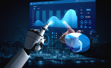 A captivating image showcasing a human hand and a robotic finger touching a digital interface filled with data visualizations, symbolizing advanced technology integration. Impute