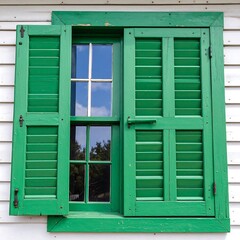 Obraz premium Green shutters on a white house window