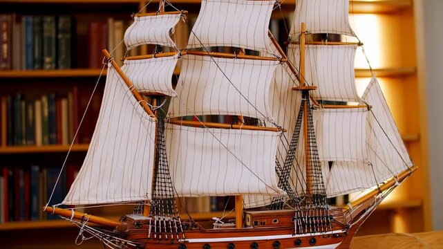 Wooden ship model with white sails in a library setting