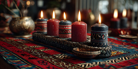 Warm Kwanzaa celebration setup featuring kinara withtraditional candles and Afican textile patterns