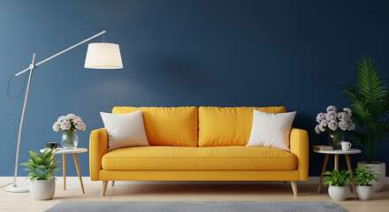 Vibrant living room interior featuring a yellow sofa, white pillows, stylish floor lamp, and lush plants against a dark blue wall, creating a modern and inviting atmosphere