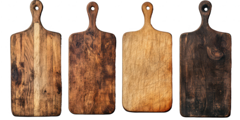 Four old wooden cutting boards transpar isolated on transparent background