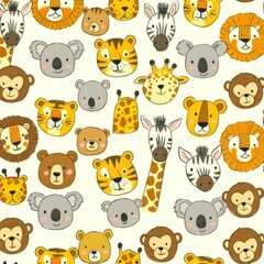 Cute Animal Faces Seamless Pattern animals adorable repeat texture background design illustration kids children baby toddler fabric