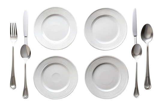 Four white plates with cutlery isolated on white background
