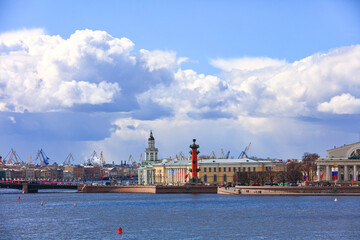beautiful blue sky, cloud, Panorama, Skyline of Saint Petersburg, Russia at neva river side. Can see Spit of Vasilievsky Island, Zoologicheskiy Institut Ran, Central Museum of Soil.