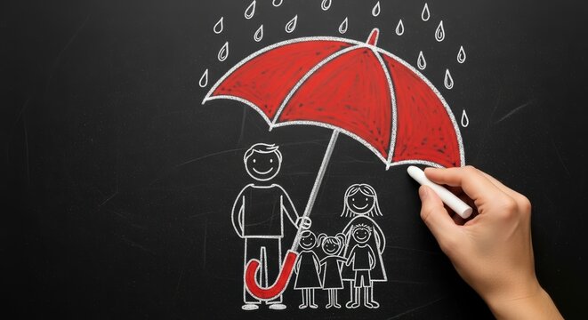 hand drawing family under red umbrella on chalkboard with rain drops