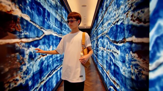 Man in hallway with blue stone walls