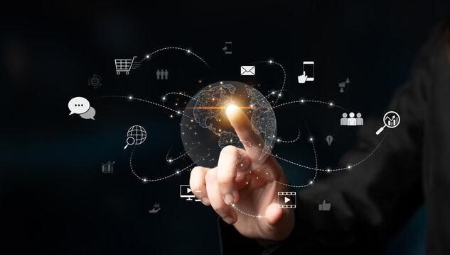 Visualization of global digital communication and online across multiple platforms, including global network, digital network, communication network, and online network. Latch