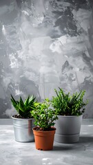 Three small potted plants against a textured gray background