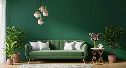 Elegant living room featuring a green velvet sofa, decorative plants, and a stylish chandelier against a dark green wall, creating a luxurious and inviting space for relaxation and socializing
