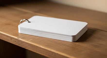 Fototapeta premium Stack of blank flashcards with metal ring on wooden surface texture