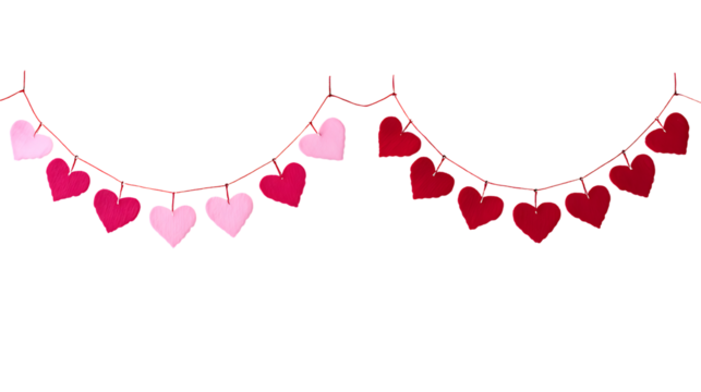 Two garlands of pink and red heart shapes hanging on white background. 