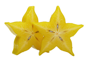 Fototapeta premium Two vibrant yellow starfruit slices with shimmering water droplets, meticulously cut and arranged on a transparent background, concept for commercial product advertising