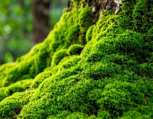 Lush green moss covering tree base