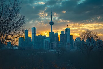 Toronto Skyline CN Tower & Modern Buildings at Sunset with Dramatic Skyline View