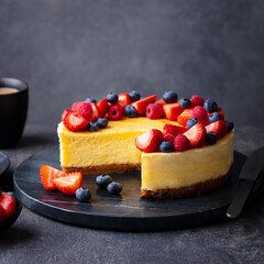 Cheesecake cake with fresh berries. Dark background. Close up.