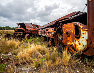 Obraz premium Abandoned Farm Equipment in South Carolina Cotton Field - Rural Decay