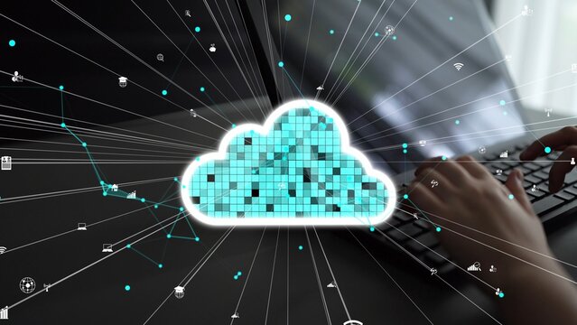 A vibrant digital representation of a cloud connected to various data streams, showcasing the essence of cloud computing in a modern technology workspace. Xenic - Powered by Adobe