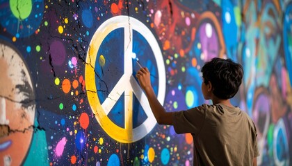 Boy Painting Mural with Peace Symbol on Wall Art